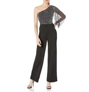 Adrianna Papell Black Jumpsuit Beaded Draped One Shoulder Wide Leg Pant Size 14